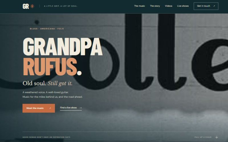The Grandpa Rufus home page: the site title over a photographic hero, with links to the music, story, videos and live shows.