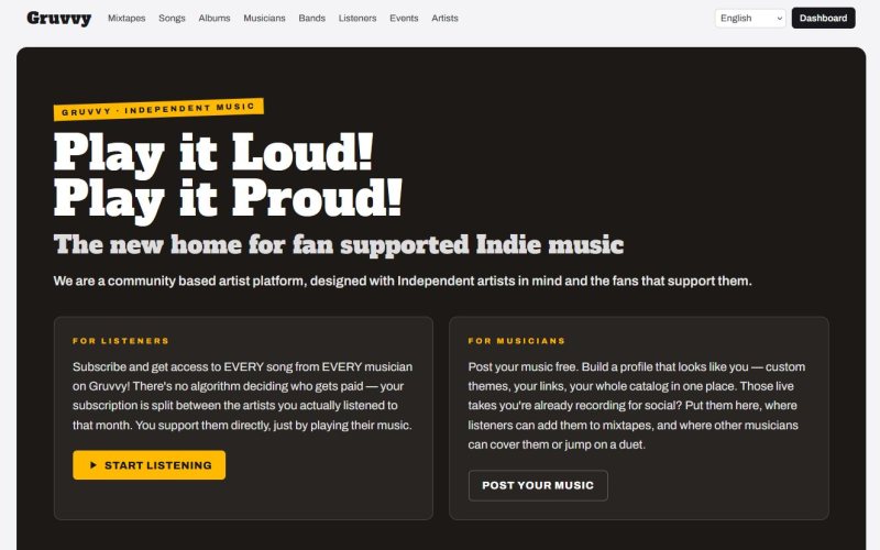 The Gruvvy home page: the site navigation above a dark hero, with separate panels introducing the service to listeners and to musicians.